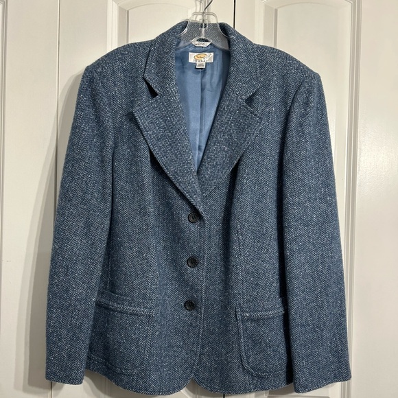 Vintage Talbots Women's Blue Herringbone Tweed Wool Blend Blazer Size 14W - Picture 7 of 13
